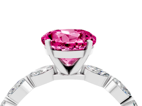 White gold Round Cut Pink Sapphire Ring with Marquise Side Stones and Prong Setting_16