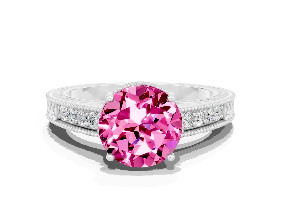 White gold Round Cut Pink Sapphire Ring with Milgrain Pavé Band and Four-Prong Setting_36