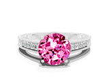 White gold Round Cut Pink Sapphire Ring with Milgrain Pavé Band and Four-Prong Setting_36