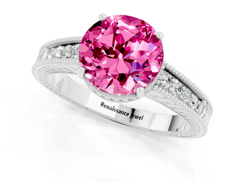 White gold Round Cut Pink Sapphire Ring with Milgrain Pavé Band and Four-Prong Setting_37