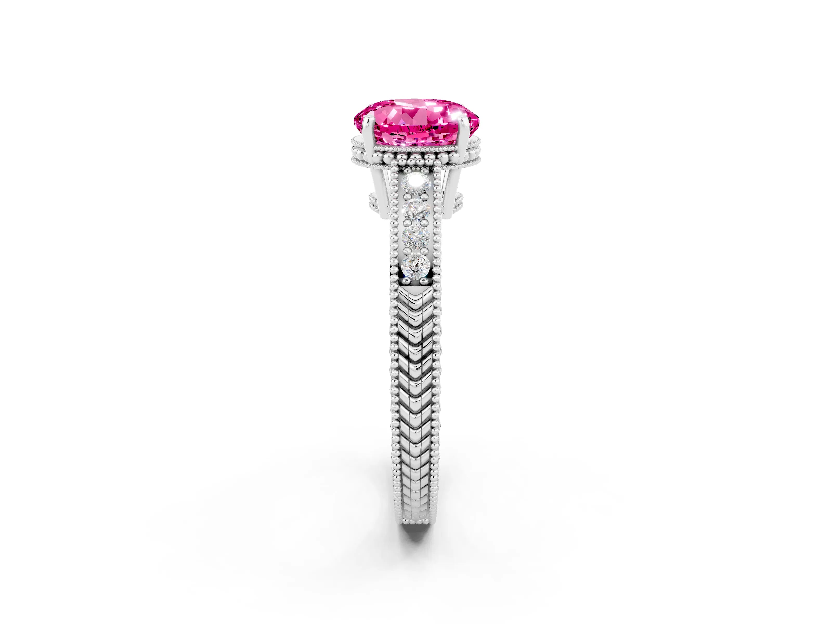 White gold Round Cut Pink Sapphire Ring with Milgrain Pavé Band and Four-Prong Setting_38