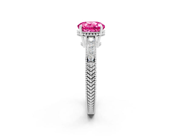 White gold Round Cut Pink Sapphire Ring with Milgrain Pavé Band and Four-Prong Setting