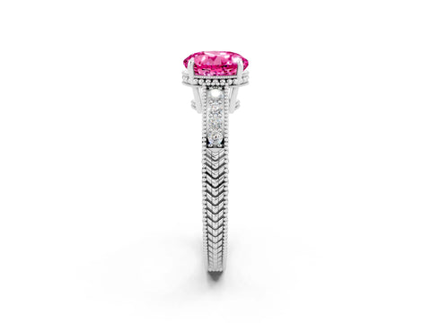 White gold Round Cut Pink Sapphire Ring with Milgrain Pavé Band and Four-Prong Setting_38