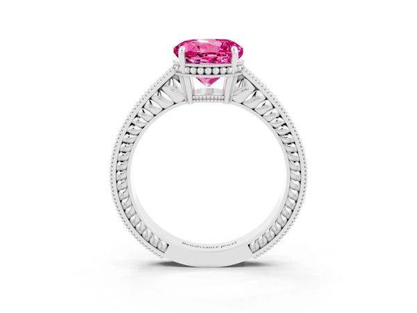 Platinum Round Cut Pink Sapphire Ring with Milgrain Pavé Band and Four-Prong Setting
