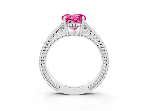 White gold Round Cut Pink Sapphire Ring with Milgrain Pavé Band and Four-Prong Setting_39