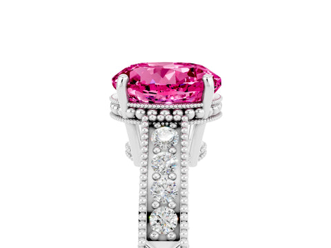 White gold Round Cut Pink Sapphire Ring with Milgrain Pavé Band and Four-Prong Setting_41