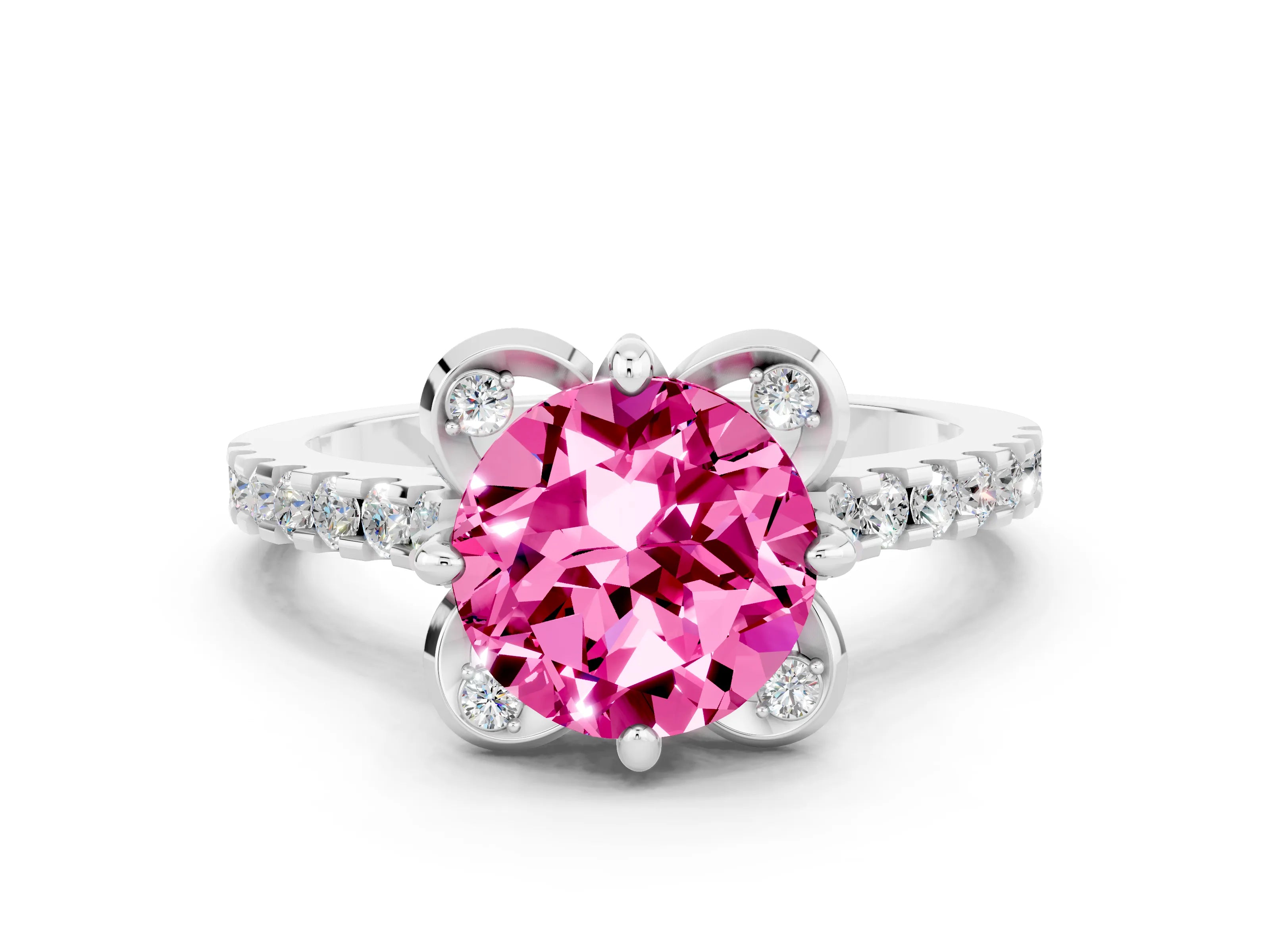 White gold Round Cut Pink Sapphire Ring with Pavé Band and Floral Prong Setting