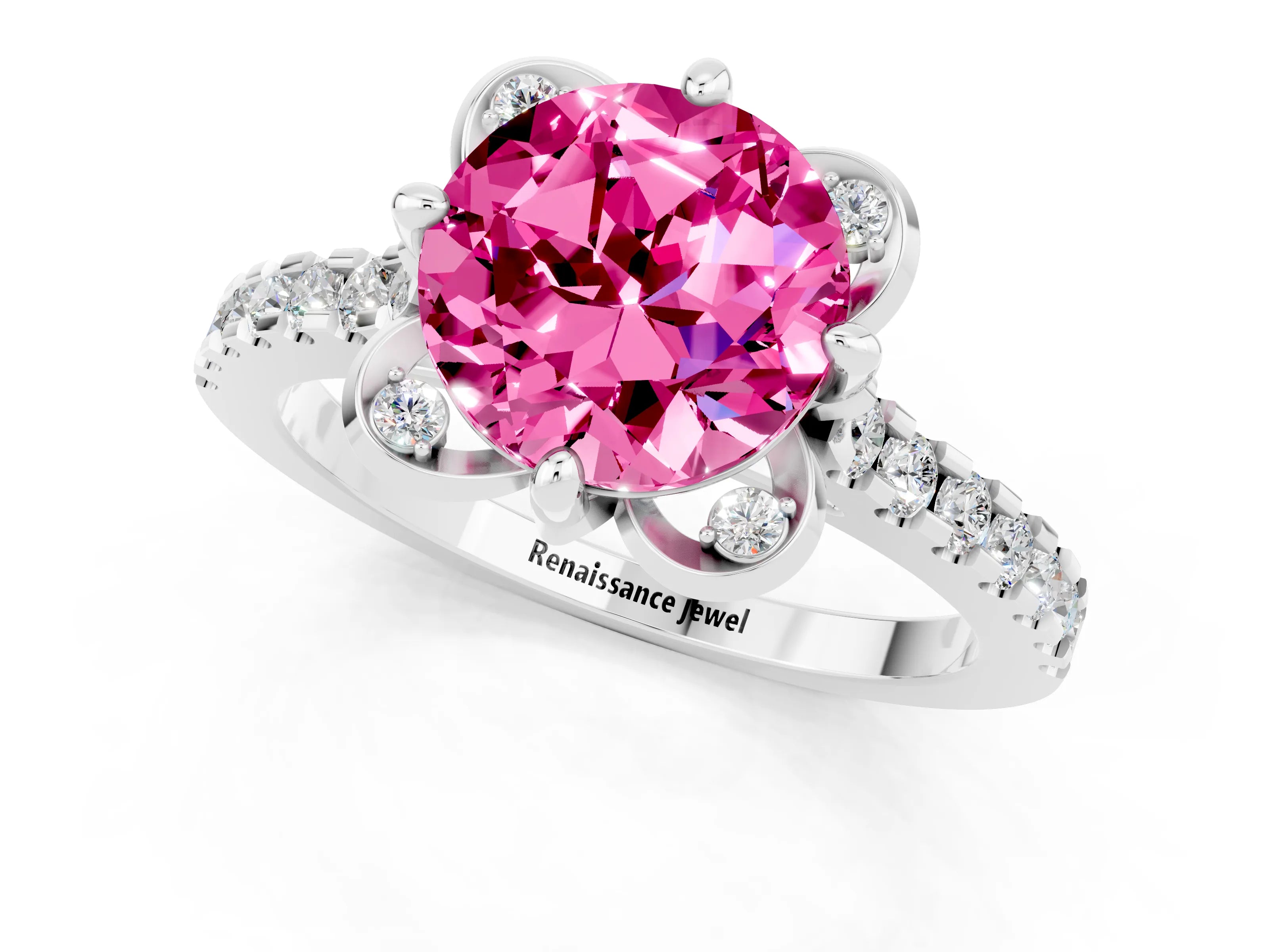 White gold Round Cut Pink Sapphire Ring with Pavé Band and Floral Prong Setting_1