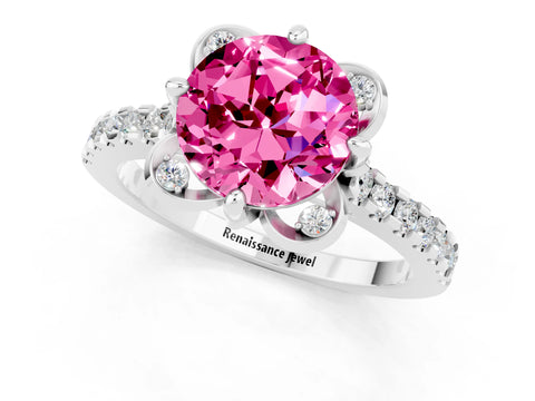 White gold Round Cut Pink Sapphire Ring with Pavé Band and Floral Prong Setting_1