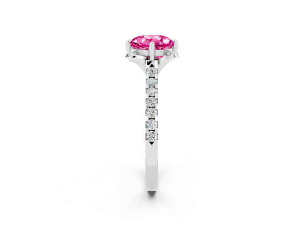 Platinum Round Cut Pink Sapphire Ring with Pavé Band and Floral Prong Setting