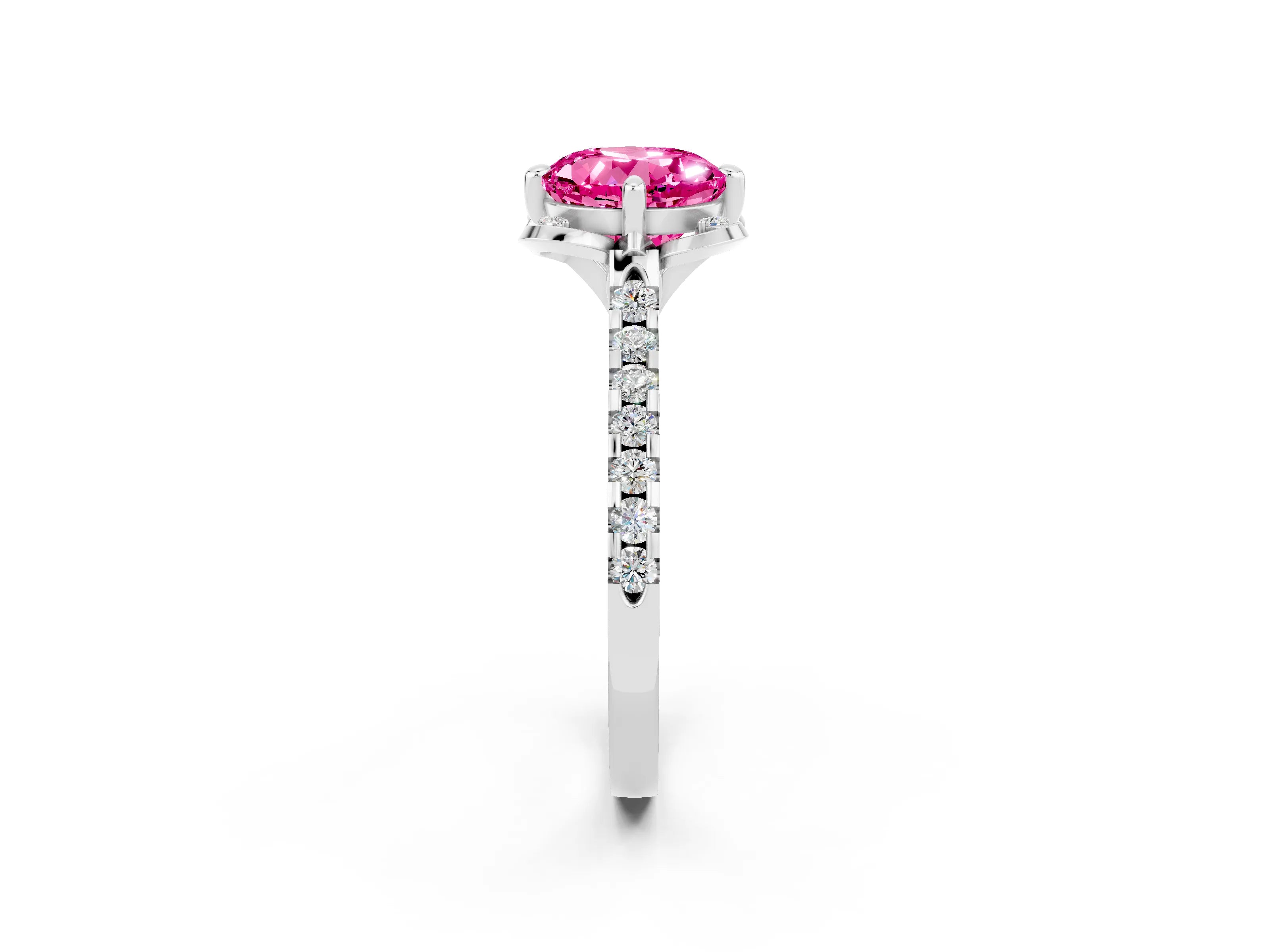 White gold Round Cut Pink Sapphire Ring with Pavé Band and Floral Prong Setting_2