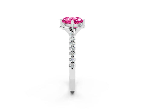White gold Round Cut Pink Sapphire Ring with Pavé Band and Floral Prong Setting_2