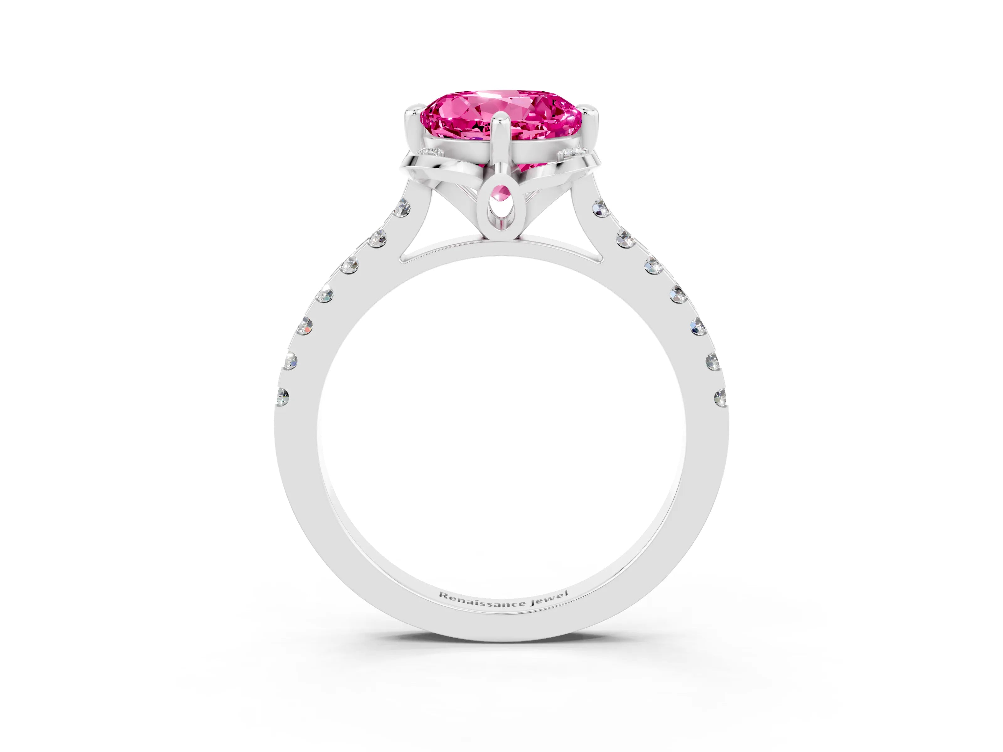 White gold Round Cut Pink Sapphire Ring with Pavé Band and Floral Prong Setting_3