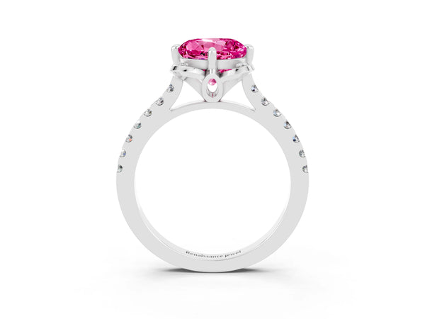 White gold Round Cut Pink Sapphire Ring with Pavé Band and Floral Prong Setting