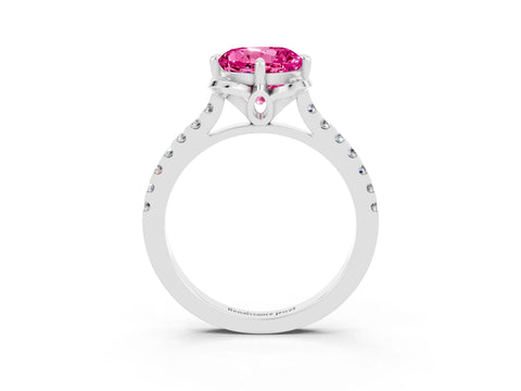 White gold Round Cut Pink Sapphire Ring with Pavé Band and Floral Prong Setting_3