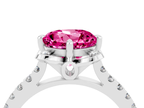 White gold Round Cut Pink Sapphire Ring with Pavé Band and Floral Prong Setting_4