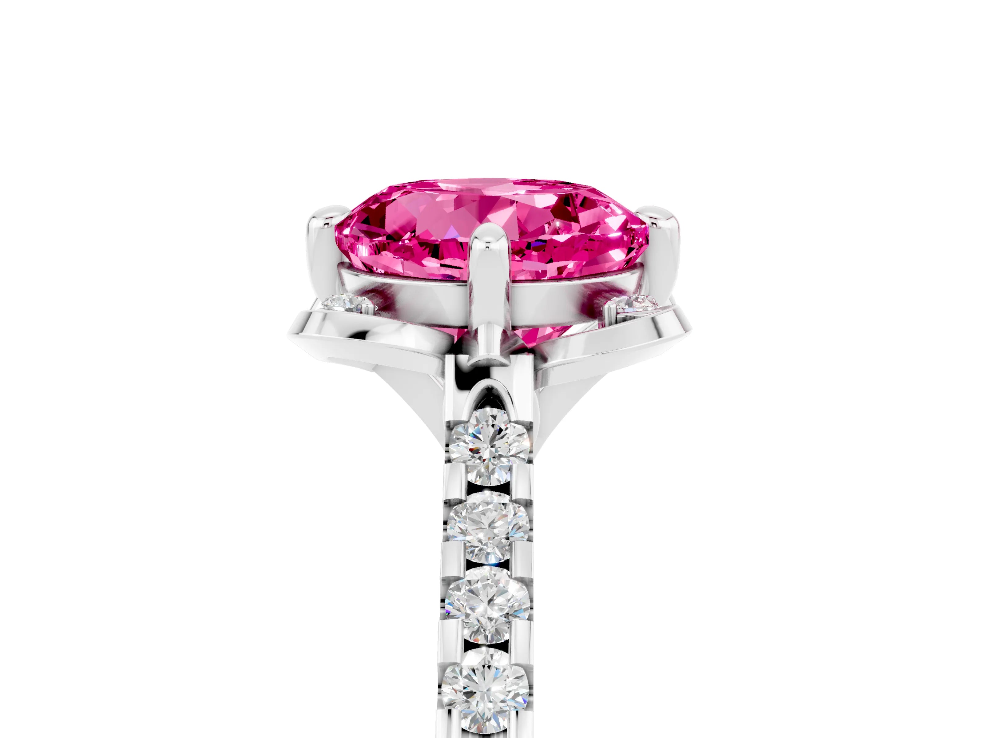 White gold Round Cut Pink Sapphire Ring with Pavé Band and Floral Prong Setting_5