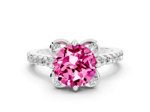 White gold Round Cut Pink Sapphire Ring with Pavé Band and Floral Prong Setting