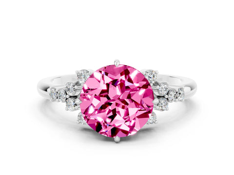 White gold Round Cut Pink Sapphire Ring with Side Stones and Four-Prong Setting_60
