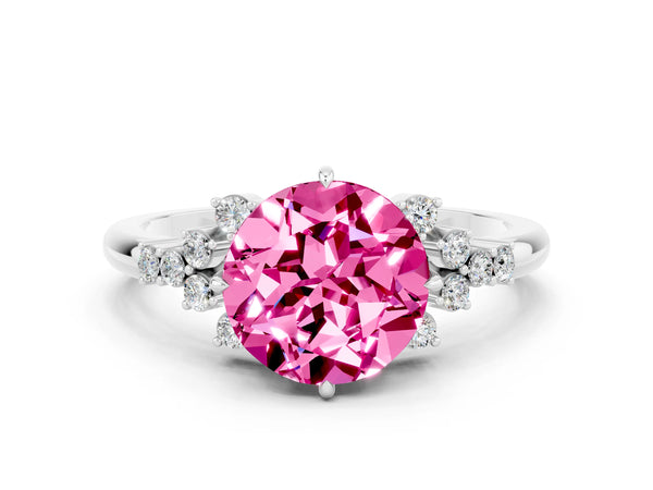 White gold Round Cut Pink Sapphire Ring with Side Stones and Four-Prong Setting