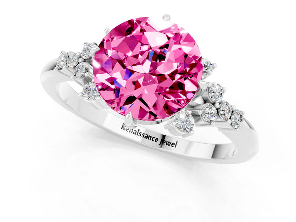 Silver Round Cut Pink Sapphire Ring with Side Stones and Four-Prong Setting