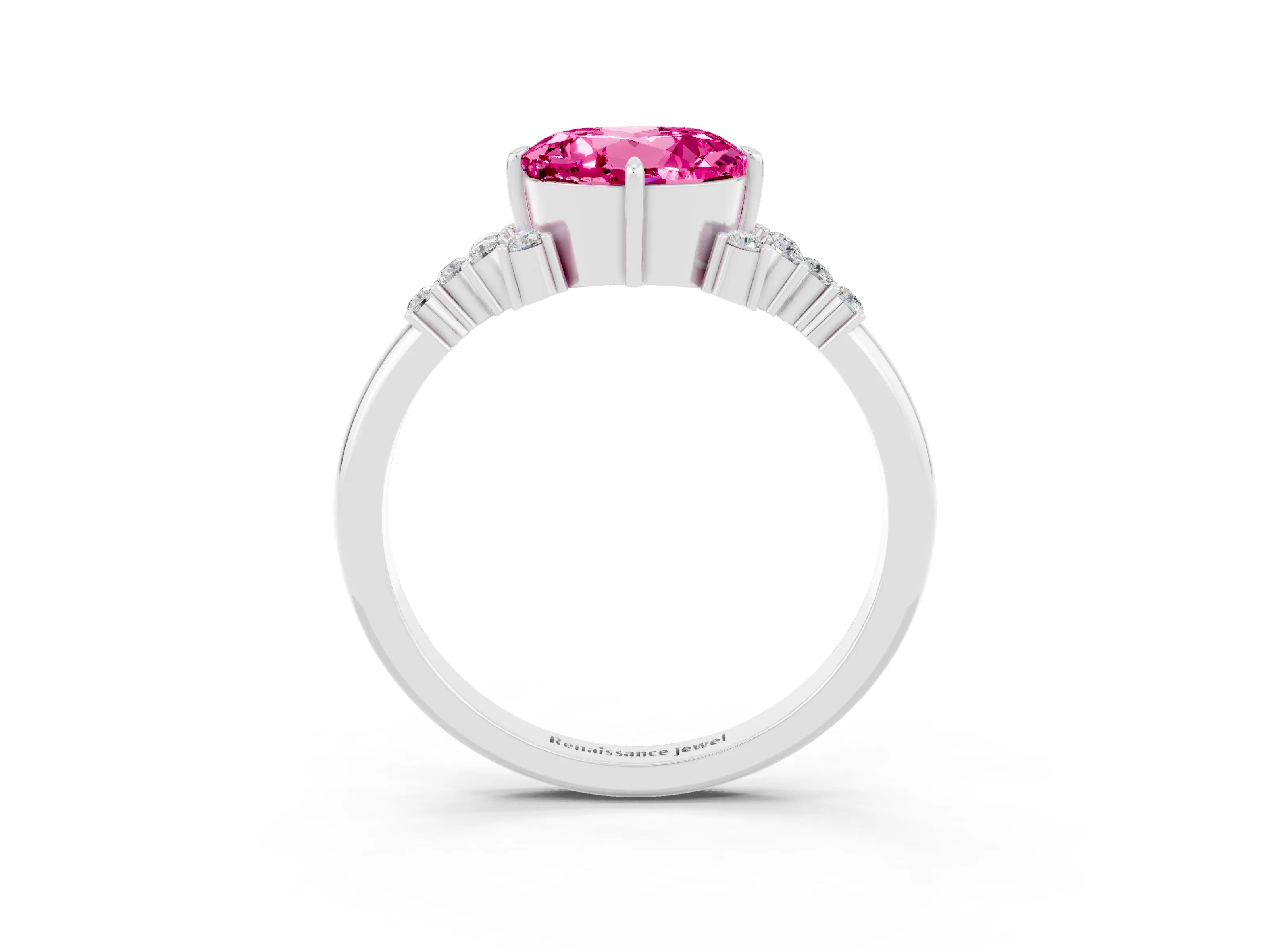 White gold Round Cut Pink Sapphire Ring with Side Stones and Four-Prong Setting_63