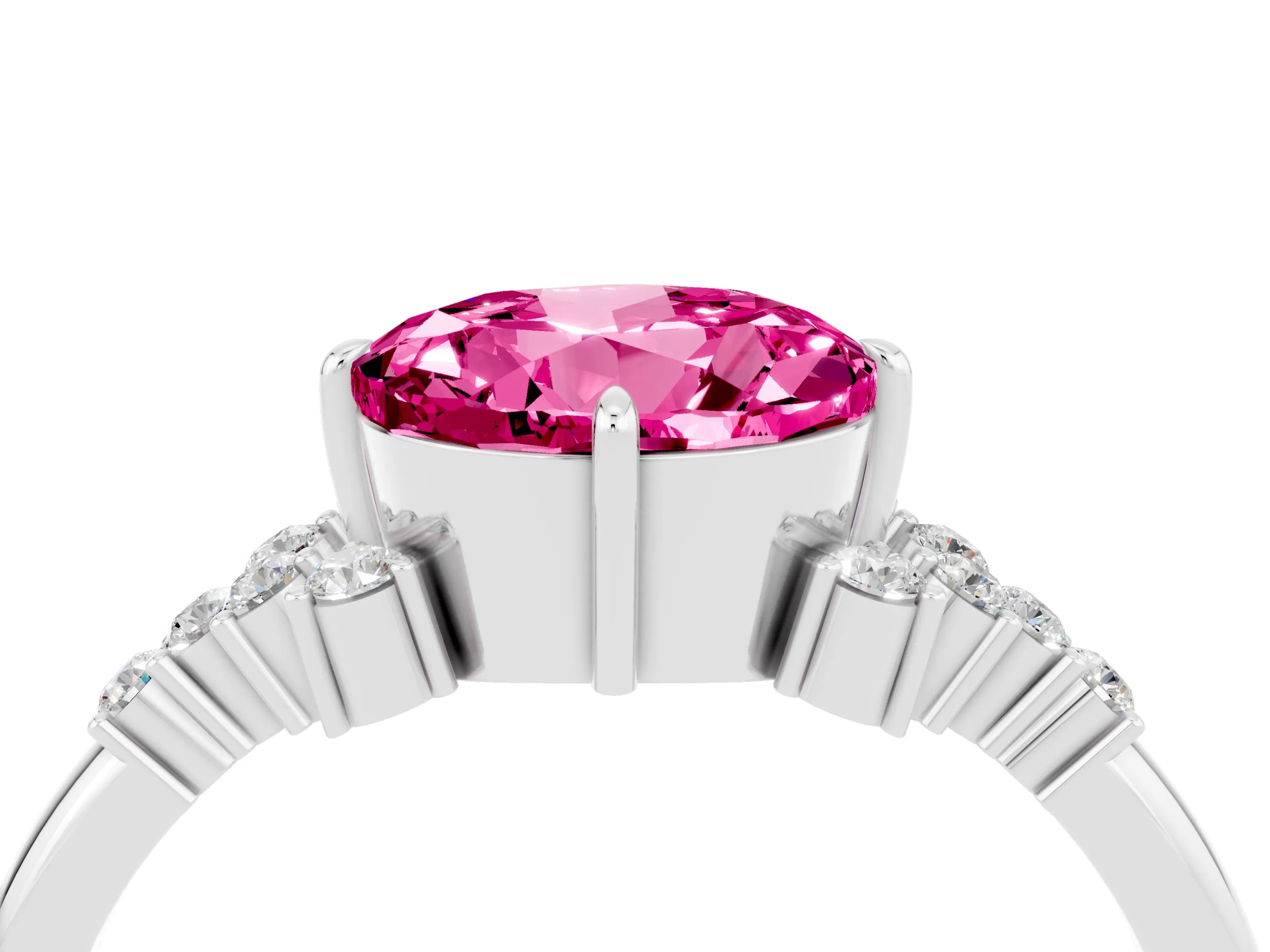 White gold Round Cut Pink Sapphire Ring with Side Stones and Four-Prong Setting_64