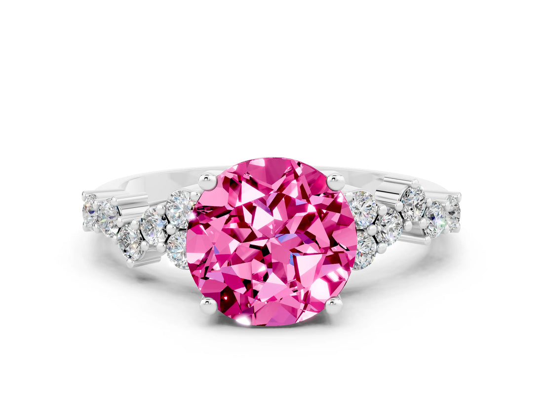 White gold Round Cut Pink Sapphire Scattered Round Accent Ring with Prong Setting_36