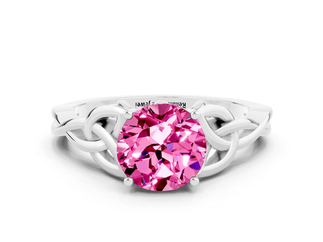 White gold Round Cut Pink Sapphire Solitaire Celtic Knot Ring with Four-Prong Setting_36