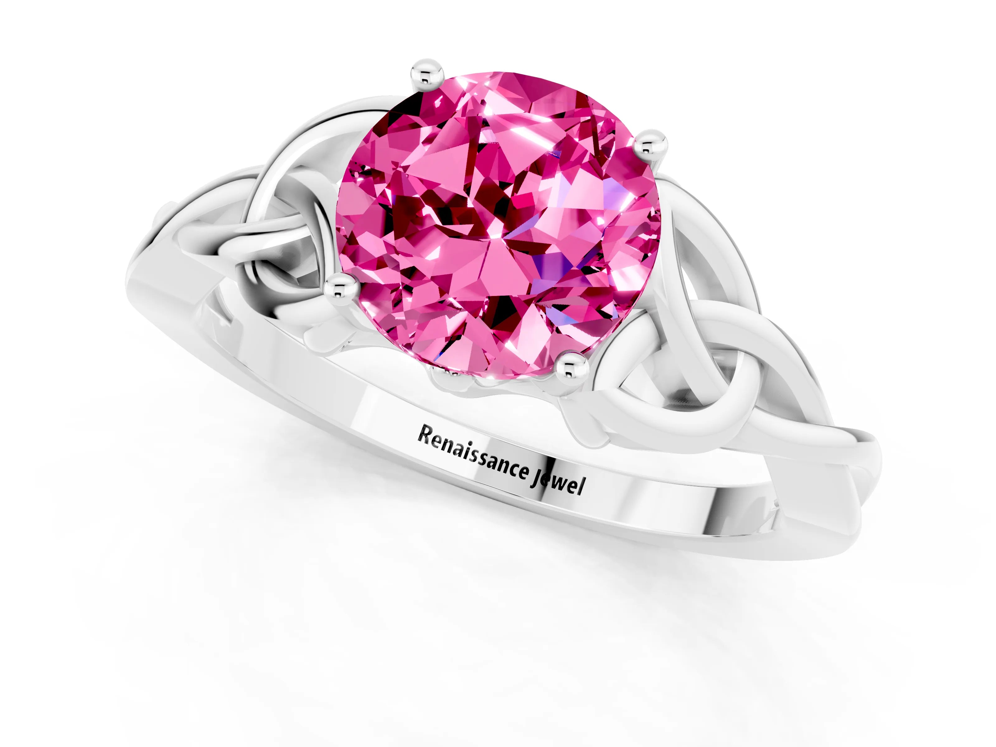 White gold Round Cut Pink Sapphire Solitaire Celtic Knot Ring with Four-Prong Setting_37