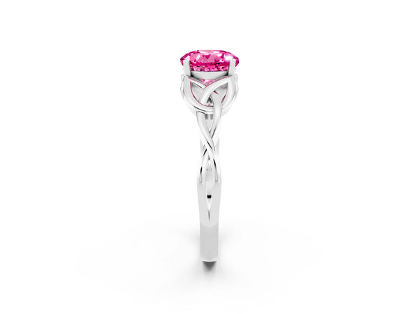 White gold Round Cut Pink Sapphire Solitaire Celtic Knot Ring with Four-Prong Setting