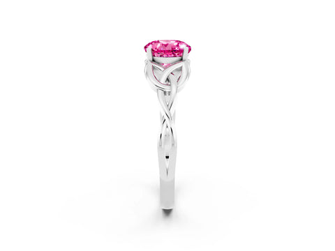 White gold Round Cut Pink Sapphire Solitaire Celtic Knot Ring with Four-Prong Setting_38