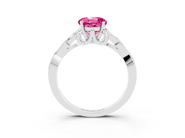 White gold Round Cut Pink Sapphire Solitaire Celtic Knot Ring with Four-Prong Setting