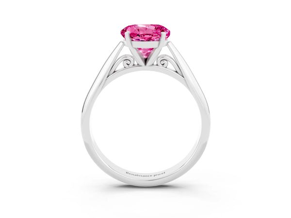 Silver Round Cut Pink Sapphire Solitaire Engagement Ring with Cathedral Setting and Four-Prong Mount