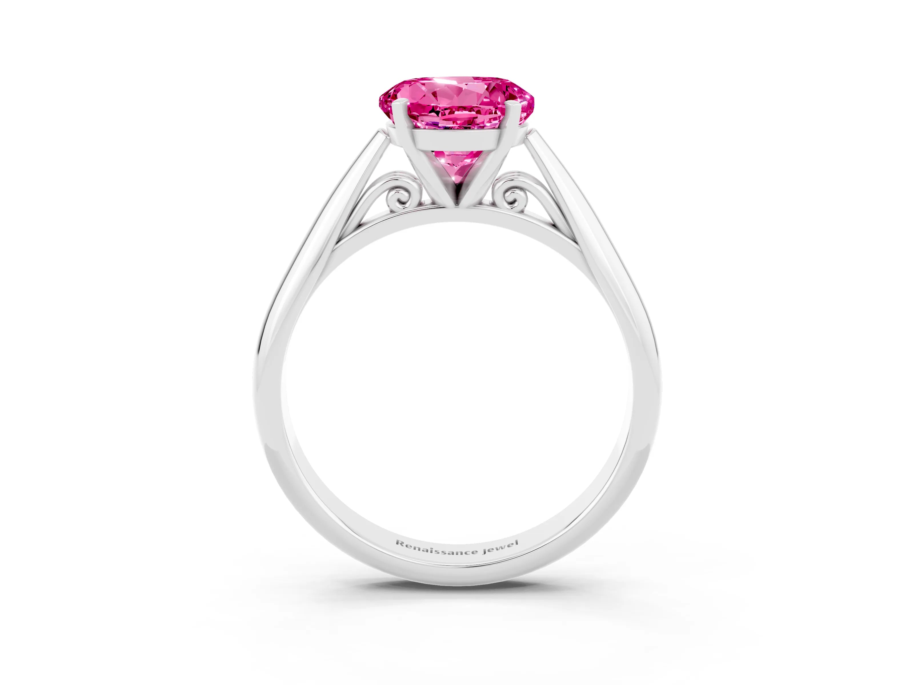 White gold Round Cut Pink Sapphire Solitaire Engagement Ring with Cathedral Setting and Four-Prong Mount_27