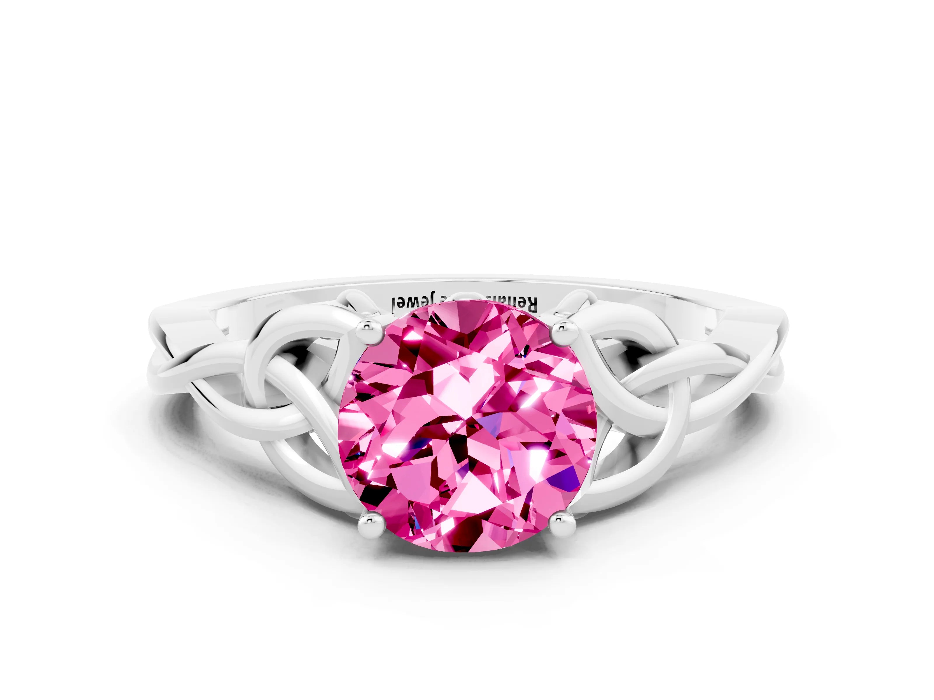 White gold Round Cut Pink Sapphire Solitaire Engagement Ring with Celtic Knot Band and Four-Prong Setting_24