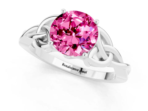 White gold Round Cut Pink Sapphire Solitaire Engagement Ring with Celtic Knot Band and Four-Prong Setting_25
