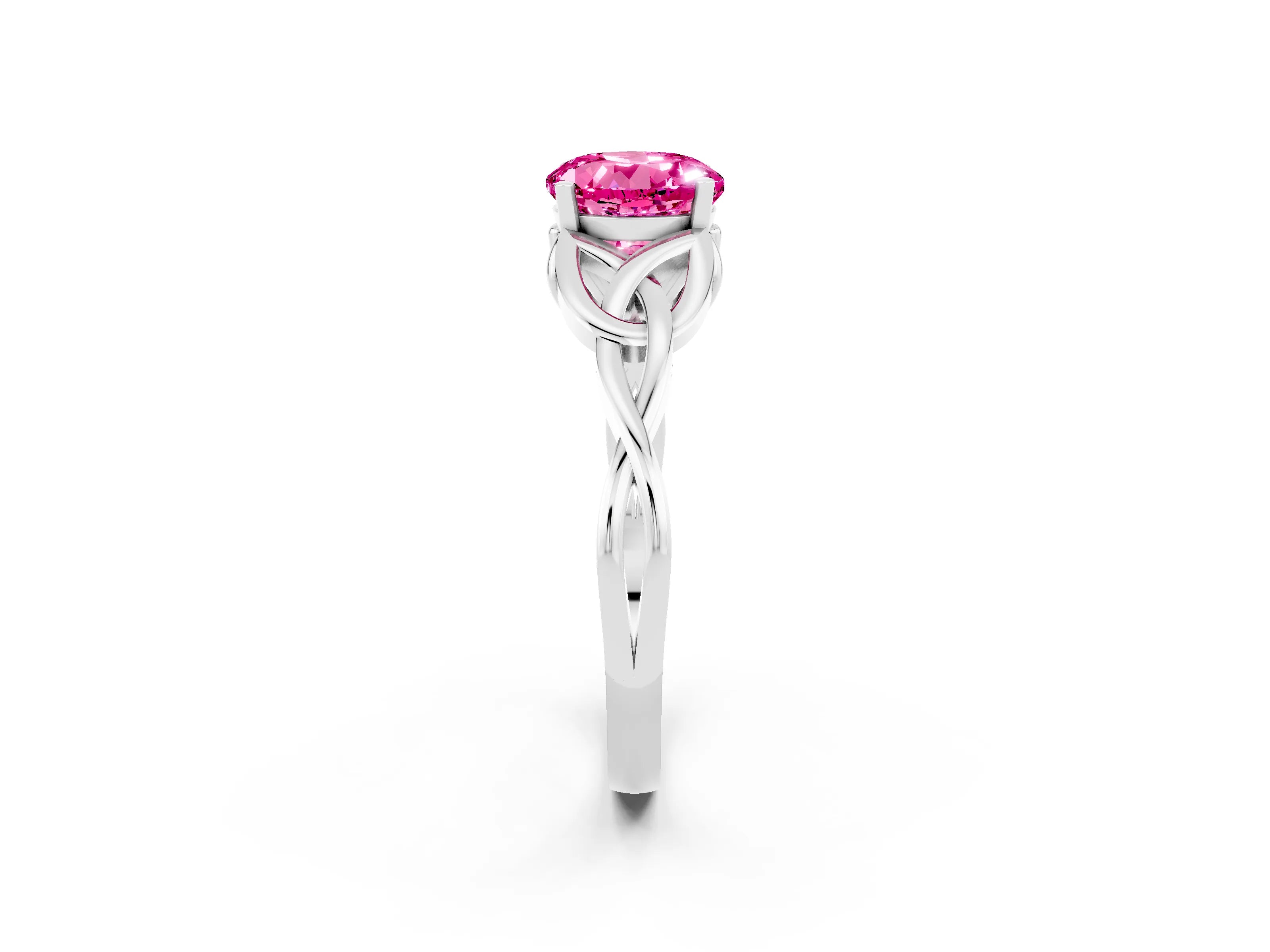 White gold Round Cut Pink Sapphire Solitaire Engagement Ring with Celtic Knot Band and Four-Prong Setting_26