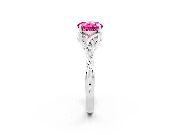 Silver Round Cut Pink Sapphire Solitaire Engagement Ring with Celtic Knot Band and Four-Prong Setting
