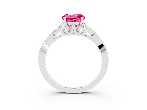 White gold Round Cut Pink Sapphire Solitaire Engagement Ring with Celtic Knot Band and Four-Prong Setting