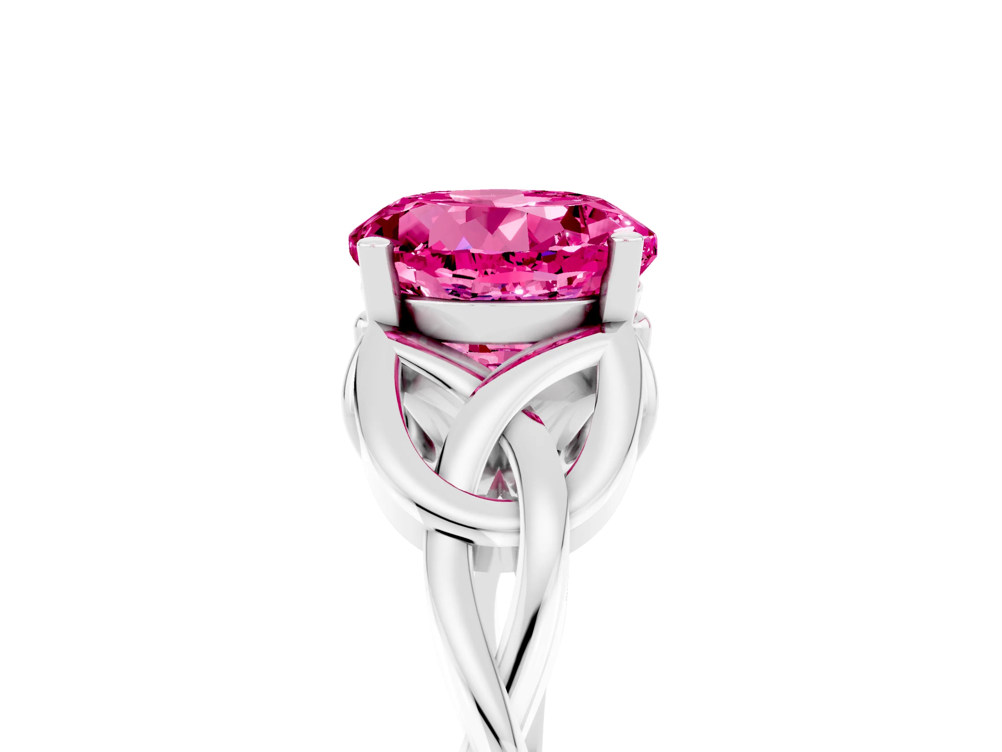 White gold Round Cut Pink Sapphire Solitaire Engagement Ring with Celtic Knot Band and Four-Prong Setting_29