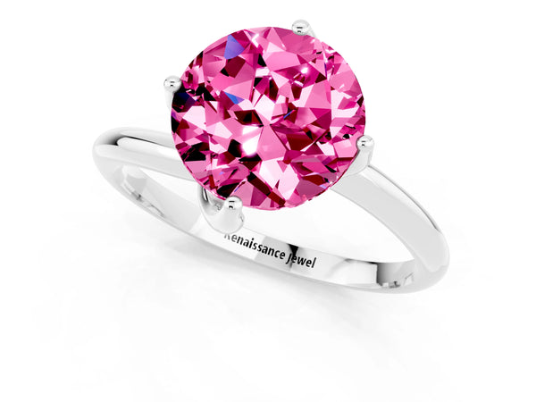 Platinum Round Cut Pink Sapphire Solitaire Engagement Ring with Four-Prong Setting and Classic Band