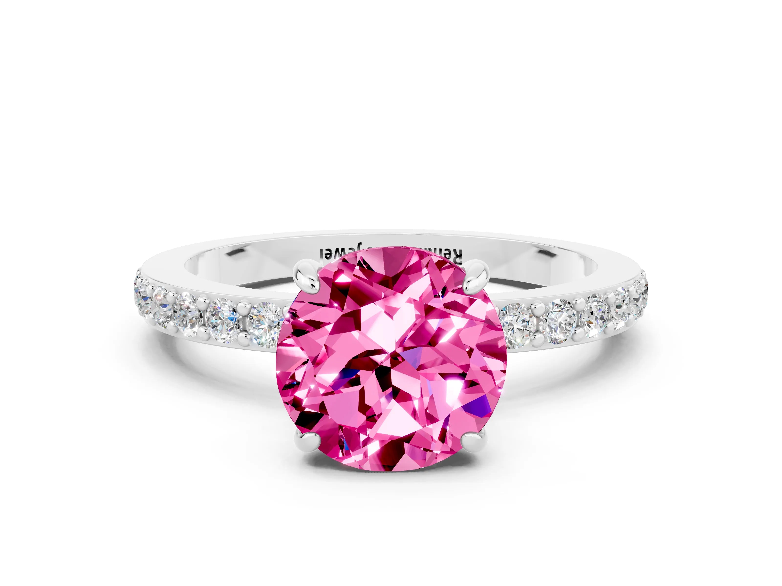 White gold Round Cut Pink Sapphire Solitaire Engagement Ring with Pavé Band and Four-Prong Setting_24