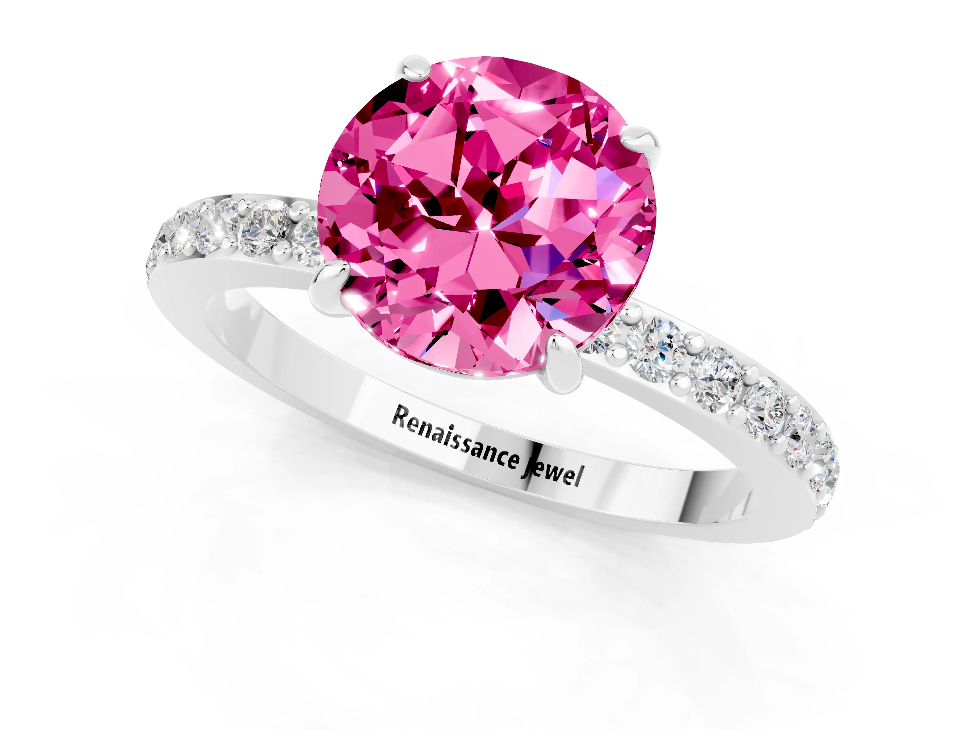 White gold Round Cut Pink Sapphire Solitaire Engagement Ring with Pavé Band and Four-Prong Setting_25