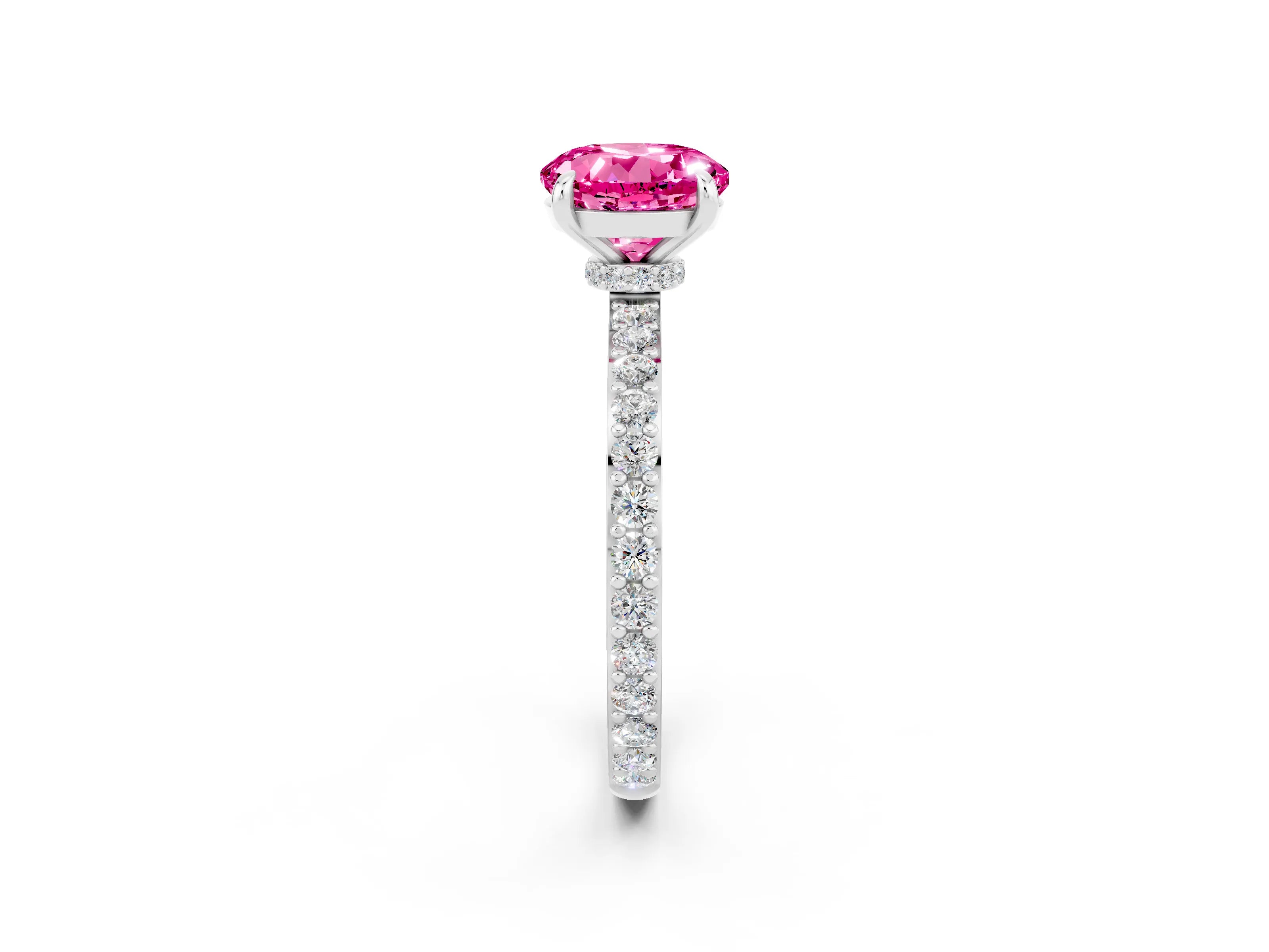 White gold Round Cut Pink Sapphire Solitaire Engagement Ring with Pavé Band and Four-Prong Setting_26