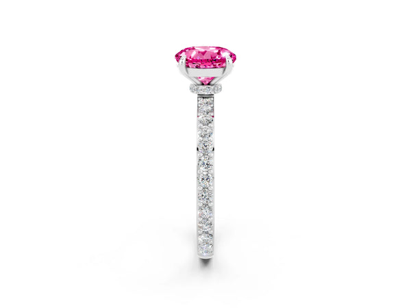 Silver Round Cut Pink Sapphire Solitaire Engagement Ring with Pavé Band and Four-Prong Setting