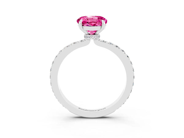 Platinum Round Cut Pink Sapphire Solitaire Engagement Ring with Pavé Band and Four-Prong Setting