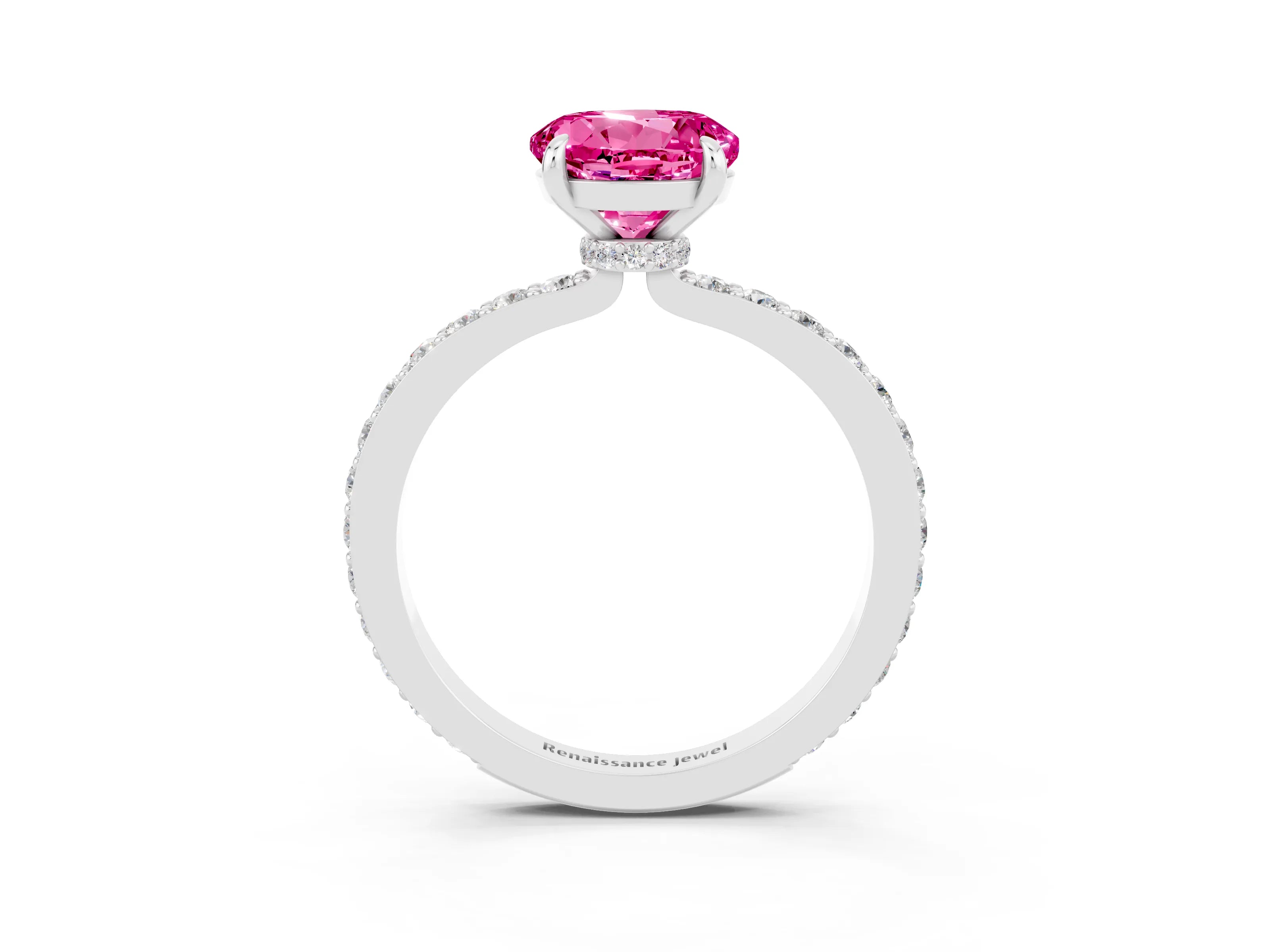 White gold Round Cut Pink Sapphire Solitaire Engagement Ring with Pavé Band and Four-Prong Setting_27