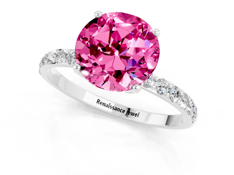 White gold Round Cut Pink Sapphire Solitaire Engagement Ring with Pavé Band and Prong Setting_1