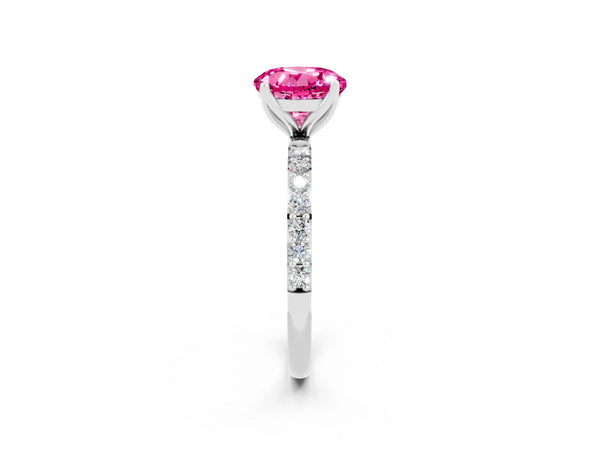 Platinum Round Cut Pink Sapphire Solitaire Engagement Ring with Round  Pavé Band and Prong Setting